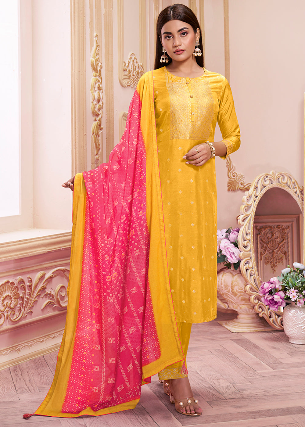 Salwaar Suit With Dupatta• selling Yellow Pure Cotton Printed Kurta With Trousers & Dupatta• Indian Ethnic Wear• Kurtis With Trousers• Tunic Pant