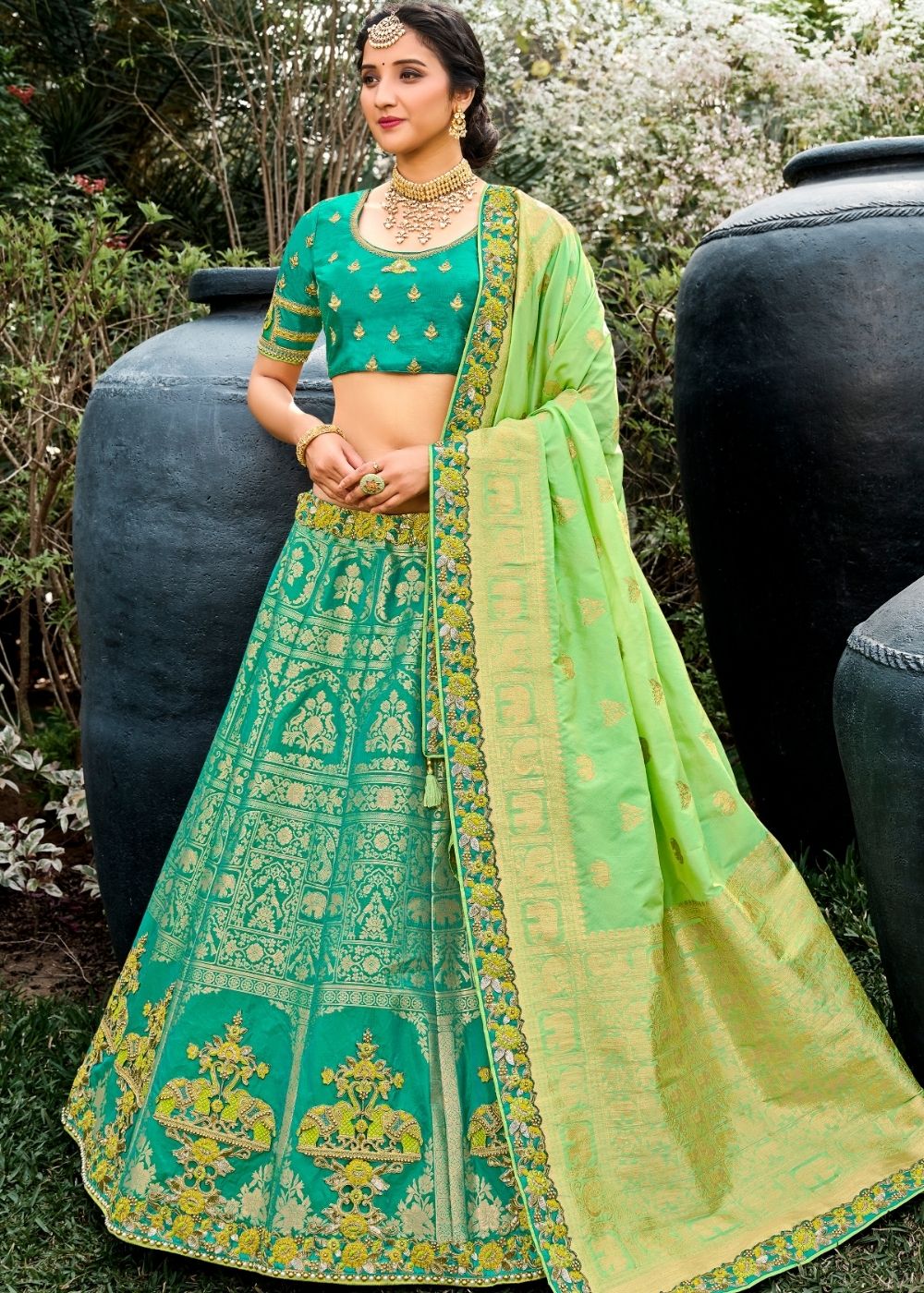 Turquoise Green Banarasi Silk Lehenga Choli Ethnos Global