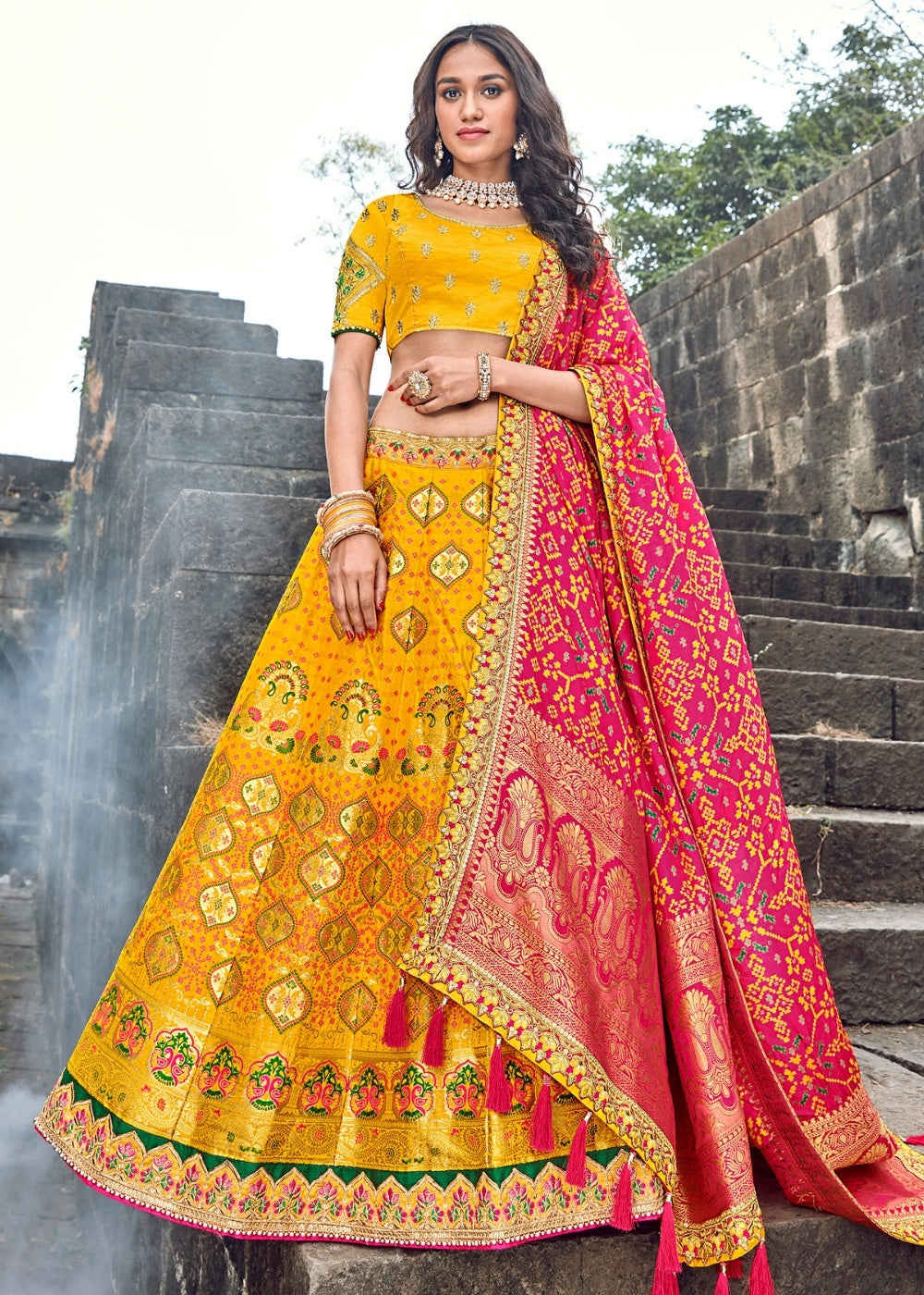 Yellow pink banarasi lehenga choli with dupatta Indian handmade silk newest designer lehenga, festival wear lehenga girls and women free shipping