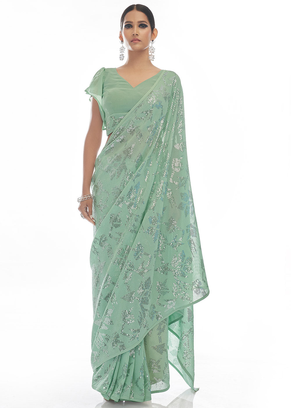 Buy Green Saree Georgette Embroidered Sequins For Women by