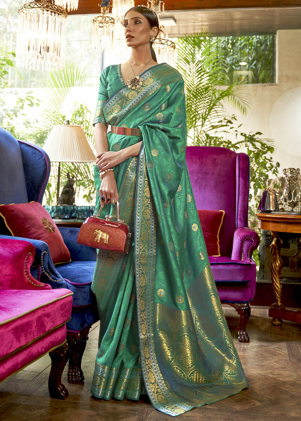 Kanjivaram Silk Woven Green Saree