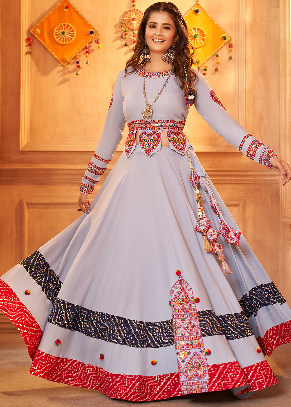 Buy White Mirror Work Viscose Rayon Navratri Ethnic Wear