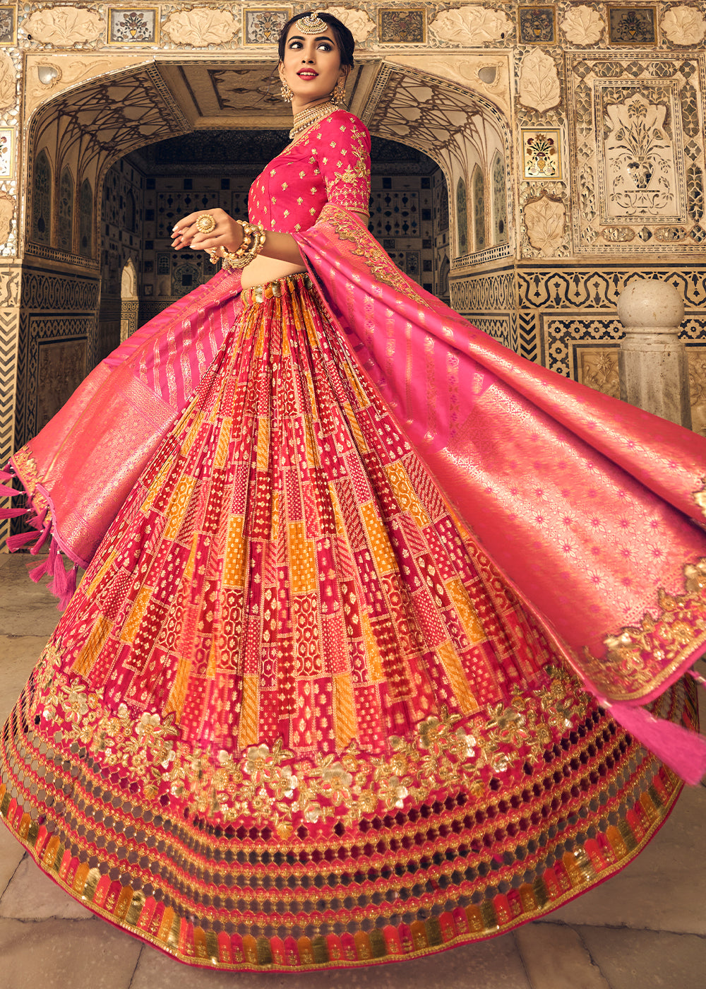 bridal lehenga orange and pink