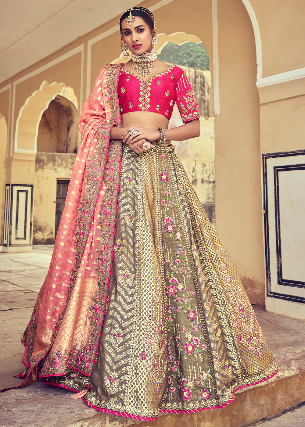 Grey and pink top lehenga choli