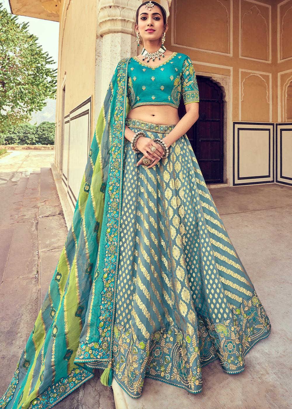 Blue Green Banarasi Silk Lehenga Choli with Khatli and Heavy Embroid Ethnos