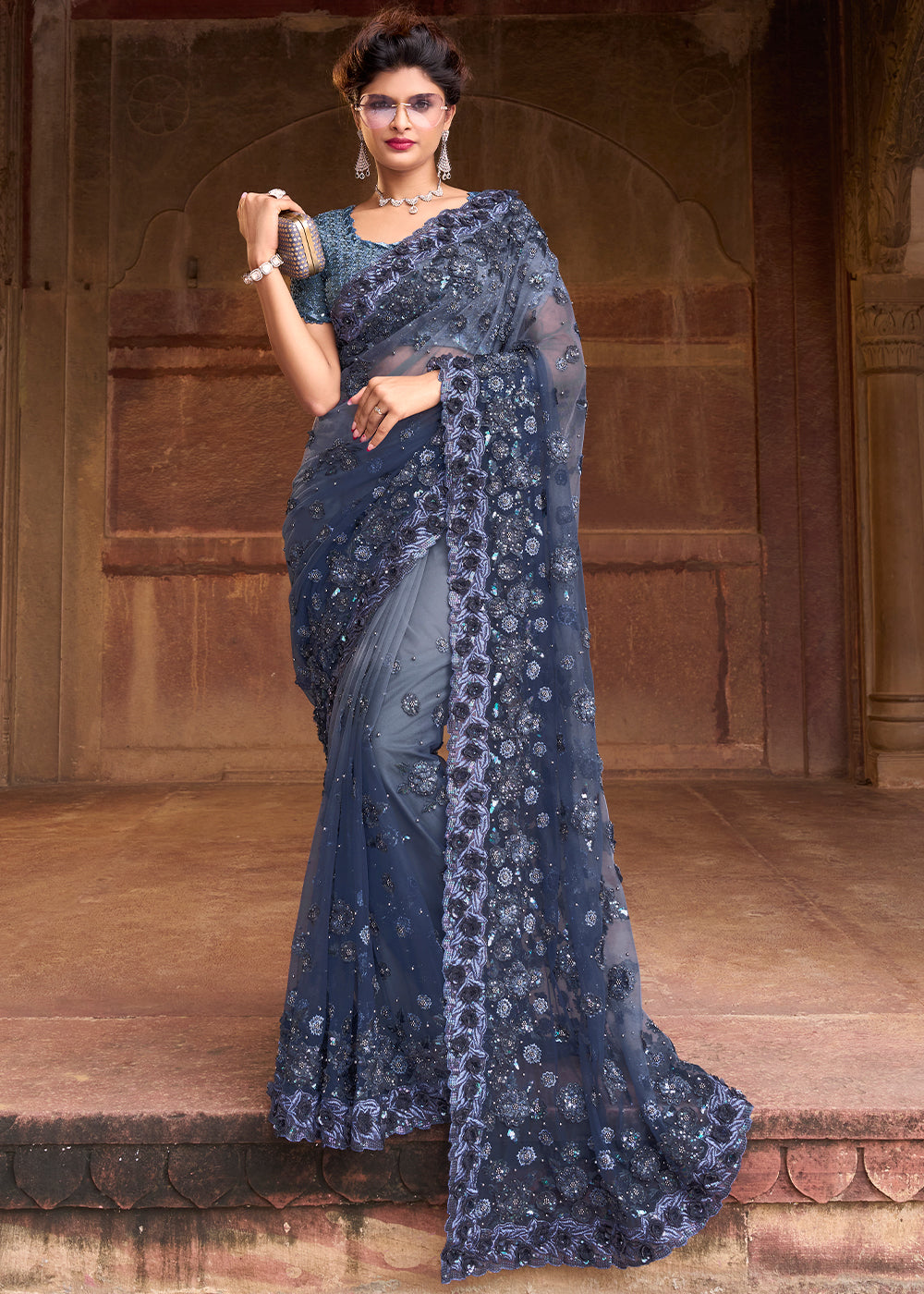 Grey Sequins Shimmer Saree