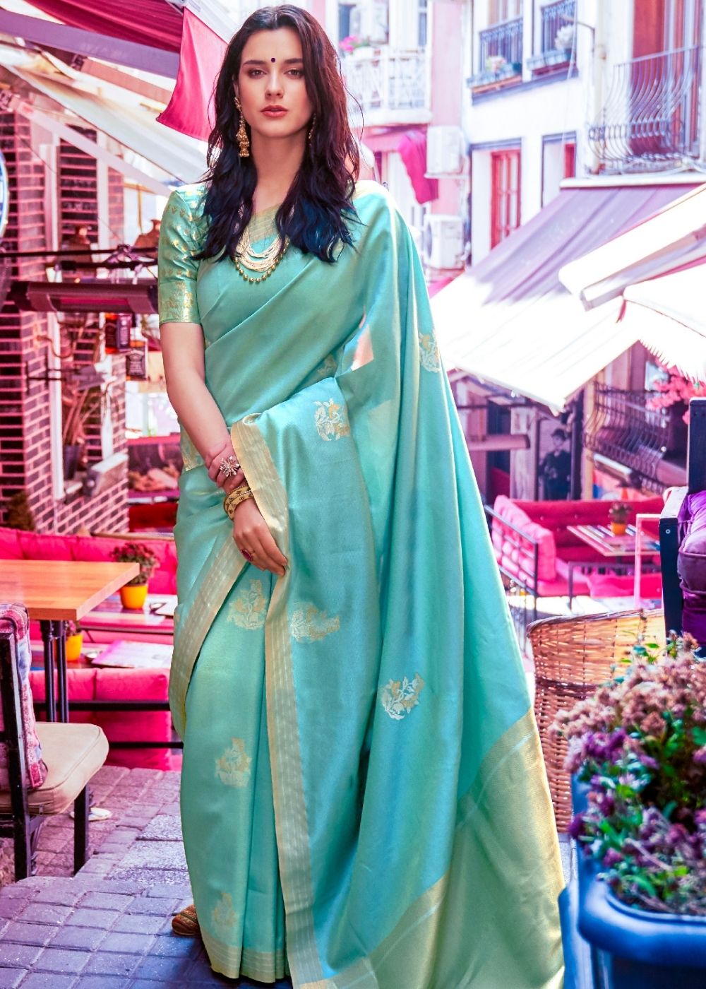 Mint Banarasi Soft Silk Saree With Blouse