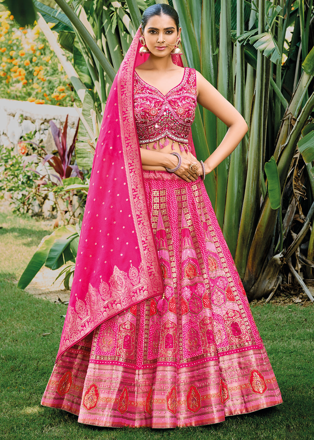 Hot Pink Ready to Wear Dola Silk Lehenga Choli with Hand work Embroide –  Ethnos