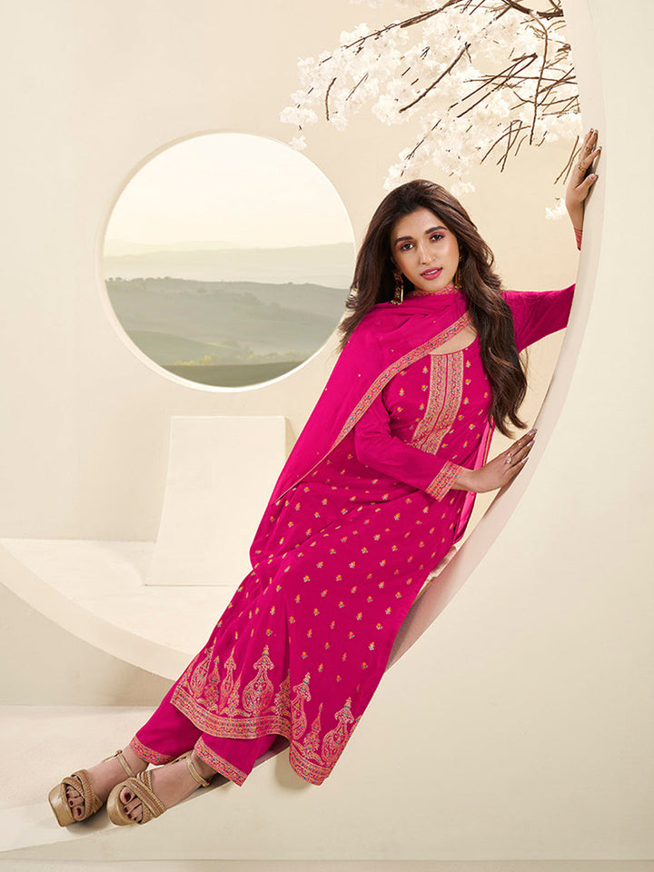 Ruby Pink Muslin Jacquard Top with Santoon Bottom and Organza Dupatta