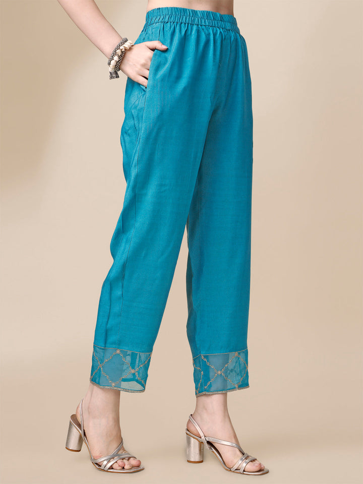 Ocean Blue Viscose Dola Silk Jacquard Kurta. Paired with Santoon Trouser and Organza Dupatta