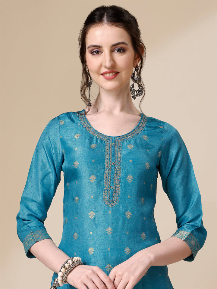 Ocean Blue Viscose Dola Silk Jacquard Kurta. Paired with Santoon Trouser and Organza Dupatta