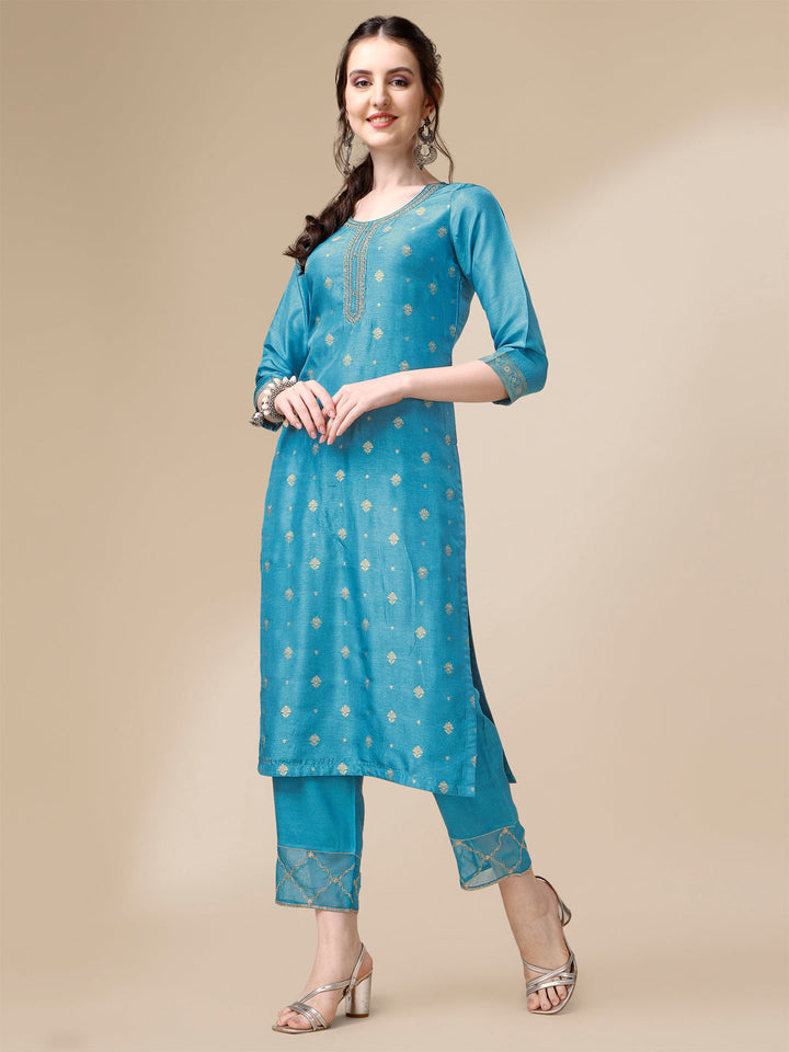 Ocean Blue Viscose Dola Silk Jacquard Kurta. Paired with Santoon Trouser and Organza Dupatta