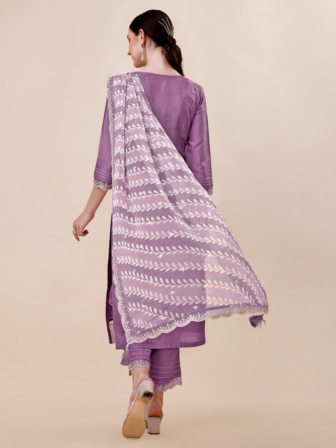 Dusty Lavendar Purple Dola Silk Kurta . Paired with Straight Pants and Chinon Lehariya Print Dupatta