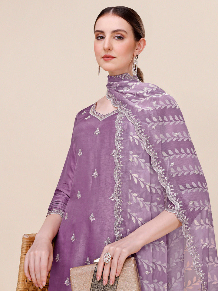 Dusty Lavendar Purple Dola Silk Kurta . Paired with Straight Pants and Chinon Lehariya Print Dupatta