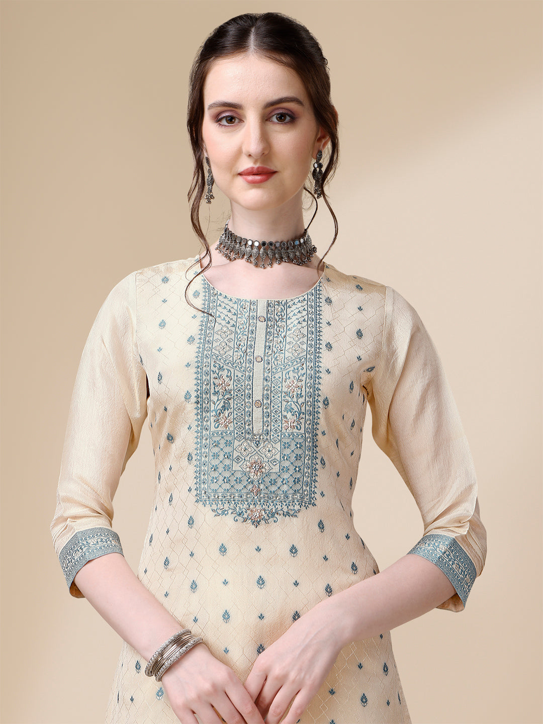 Cream Tissue Silk Kurta .Paired with Santoon Trouser and Chinon Dupatta