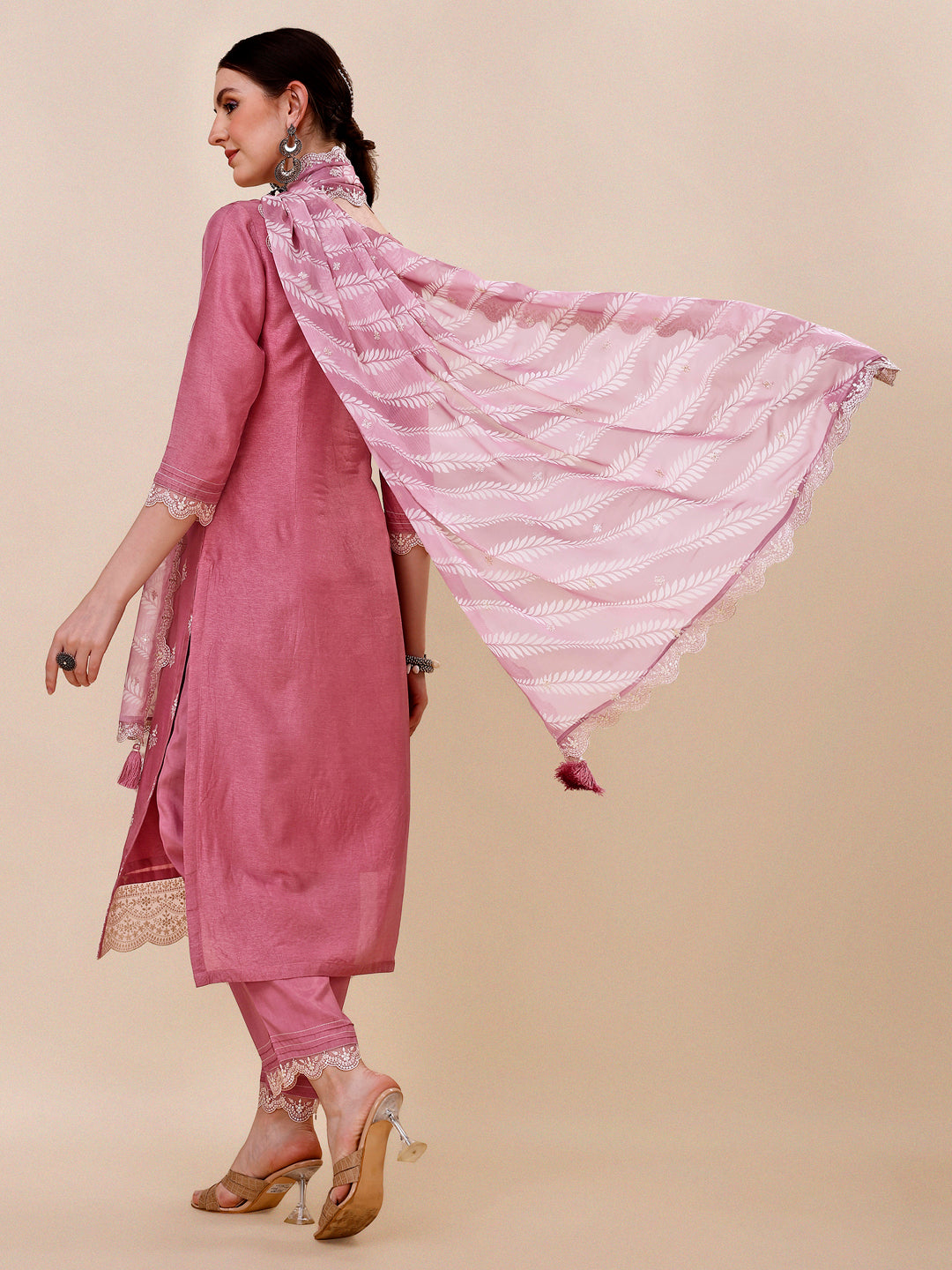 Dusty Rose Pink Dola Silk Kurta. Paired with Straight Pants and Chinon Lehariya Print Dupatta