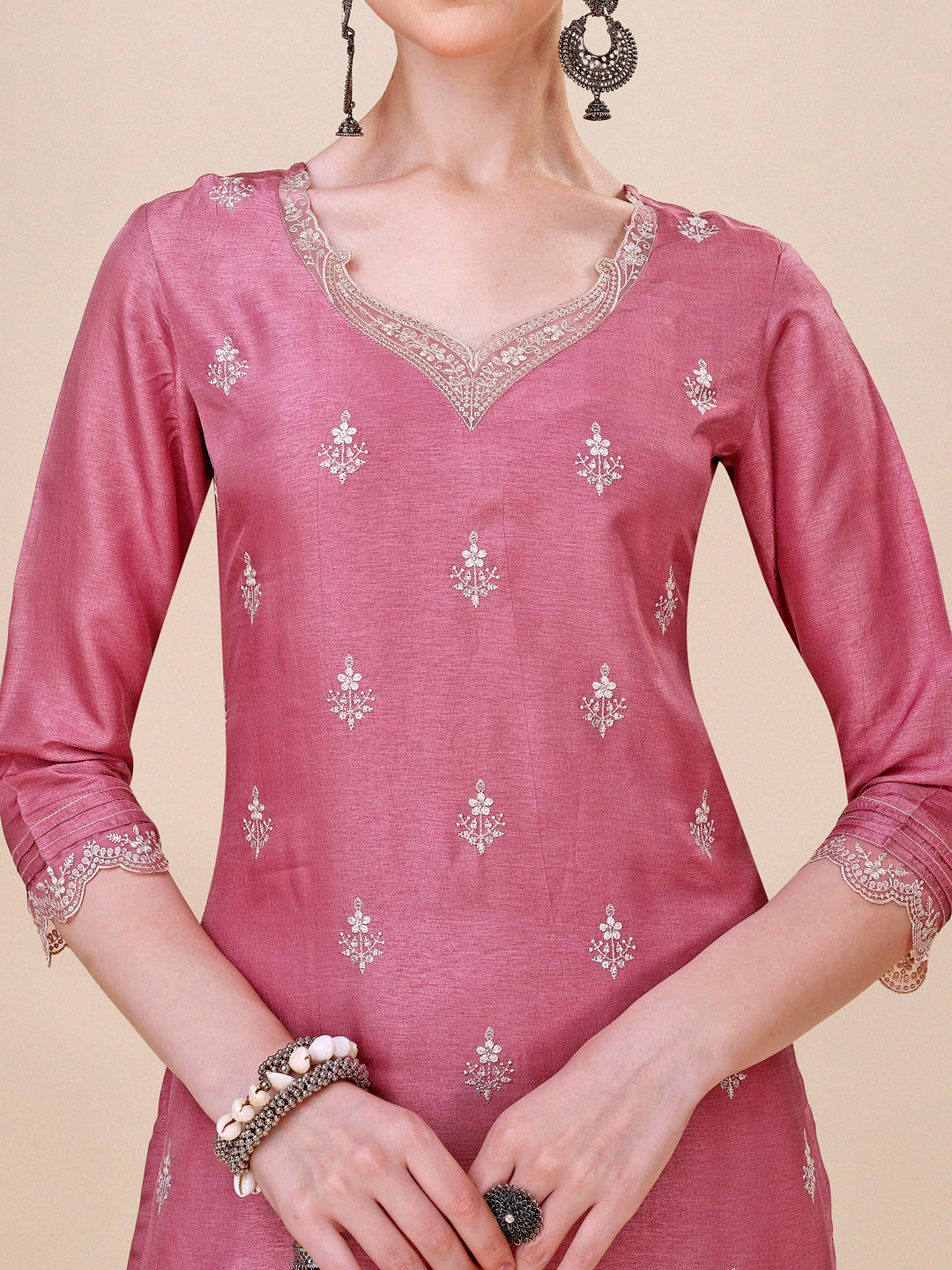 Dusty Rose Pink Dola Silk Kurta. Paired with Straight Pants and Chinon Lehariya Print Dupatta