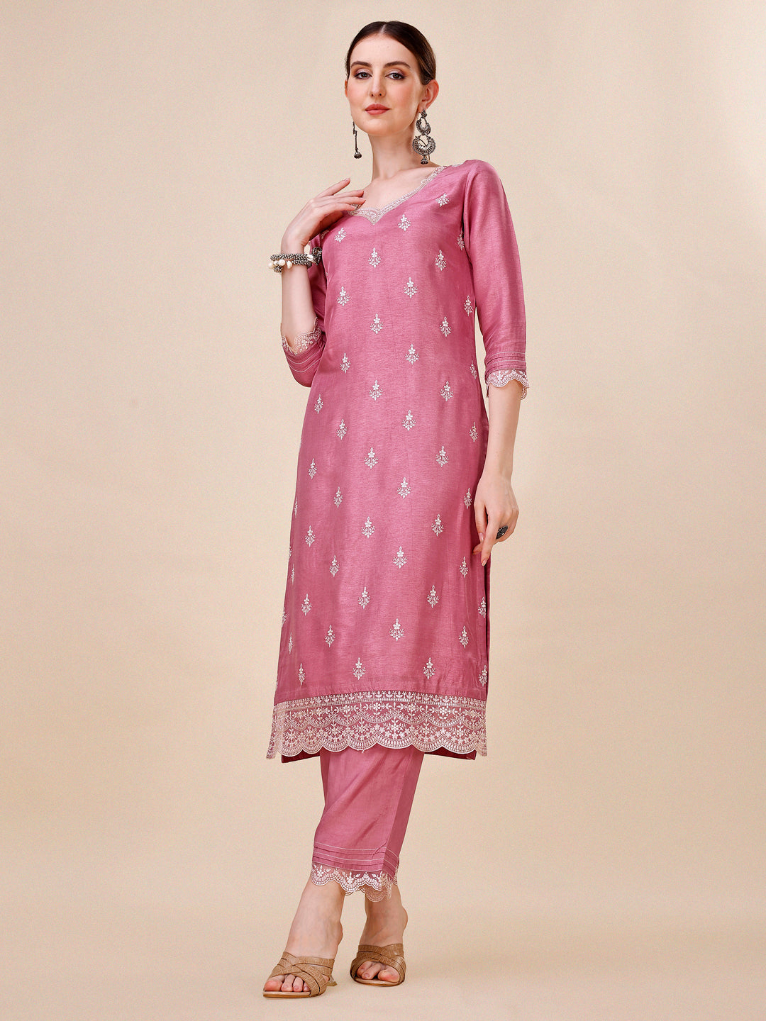 Dusty Rose Pink Dola Silk Kurta. Paired with Straight Pants and Chinon Lehariya Print Dupatta