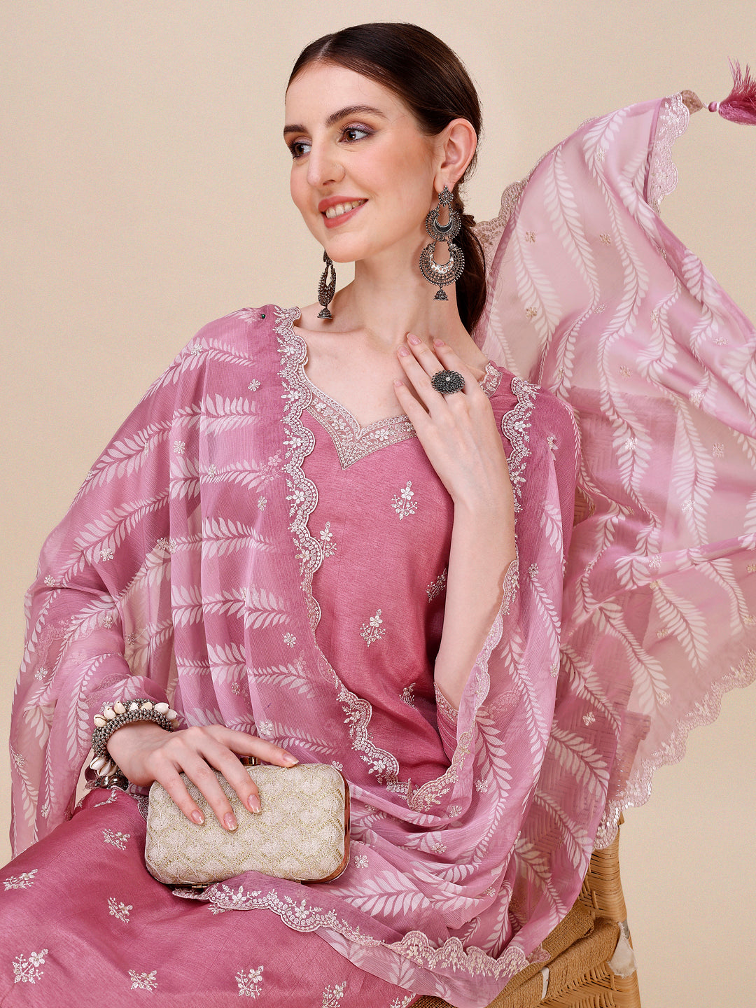 Dusty Rose Pink Dola Silk Kurta. Paired with Straight Pants and Chinon Lehariya Print Dupatta