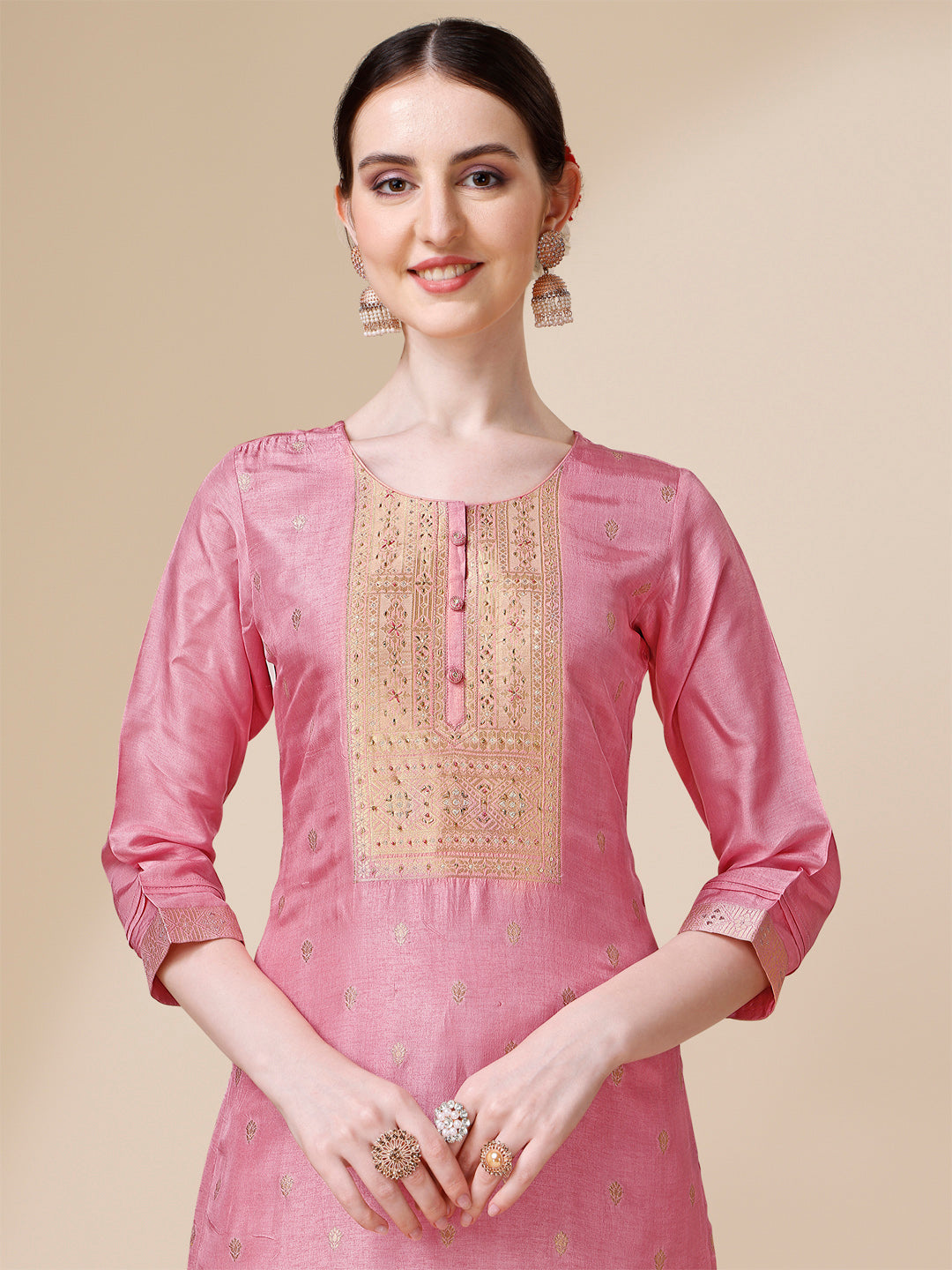 Creamy Pink Viscose Dola Silk Jacquard Kurta . Paired with Santoon Trouser and Viscose Dola Jacquard Dupatta