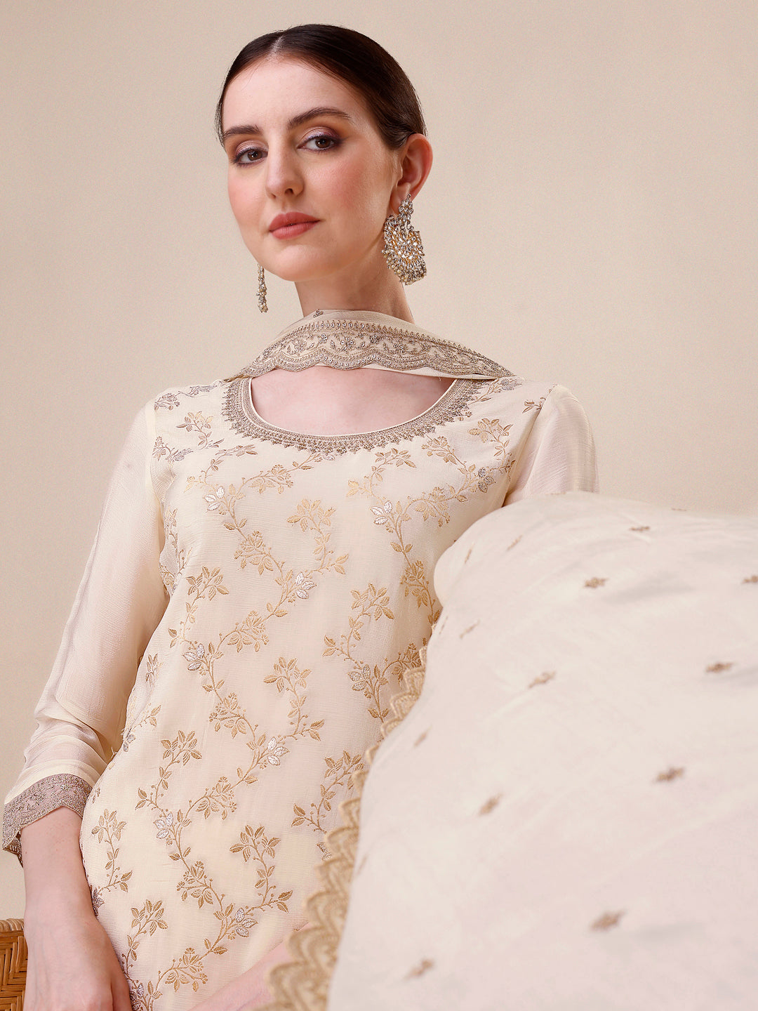 Off-White Chinon Kurta. Paired with Chinon Sharara Bottom and Chinon Dupatta