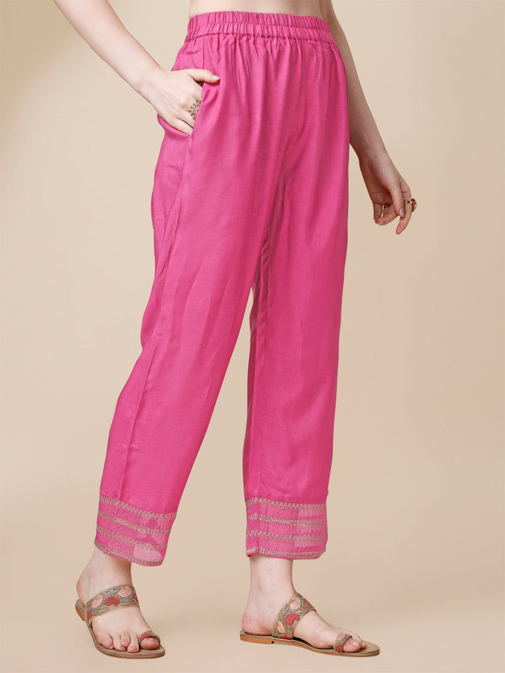 Pink Viscose Dola Silk Jacquard Kurta. Paired with Santoon Trouser And Organza Dupatta