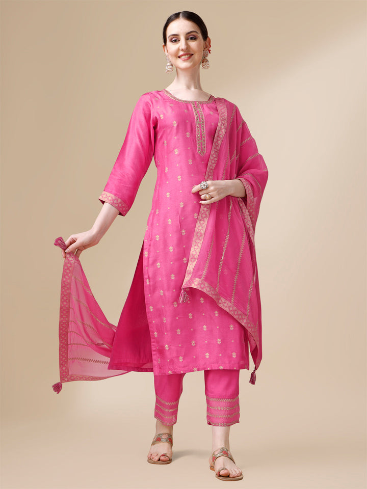 Pink Viscose Dola Silk Jacquard Kurta. Paired with Santoon Trouser And Organza Dupatta