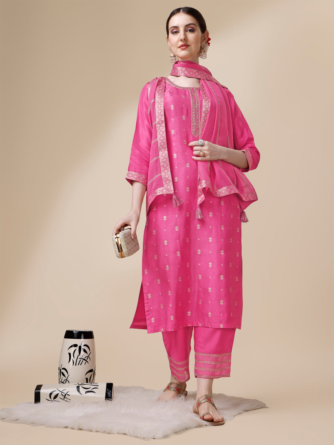 Pink Viscose Dola Silk Jacquard Kurta. Paired with Santoon Trouser And Organza Dupatta