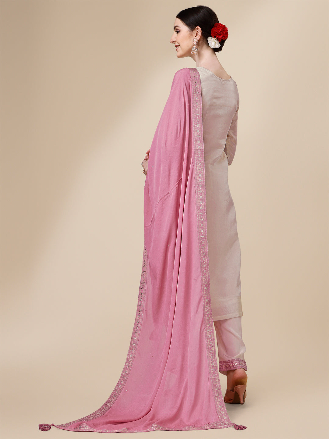 Cream Tissue Silk Kurta . Paired with Santoon Trouser and Chinon Dupatta