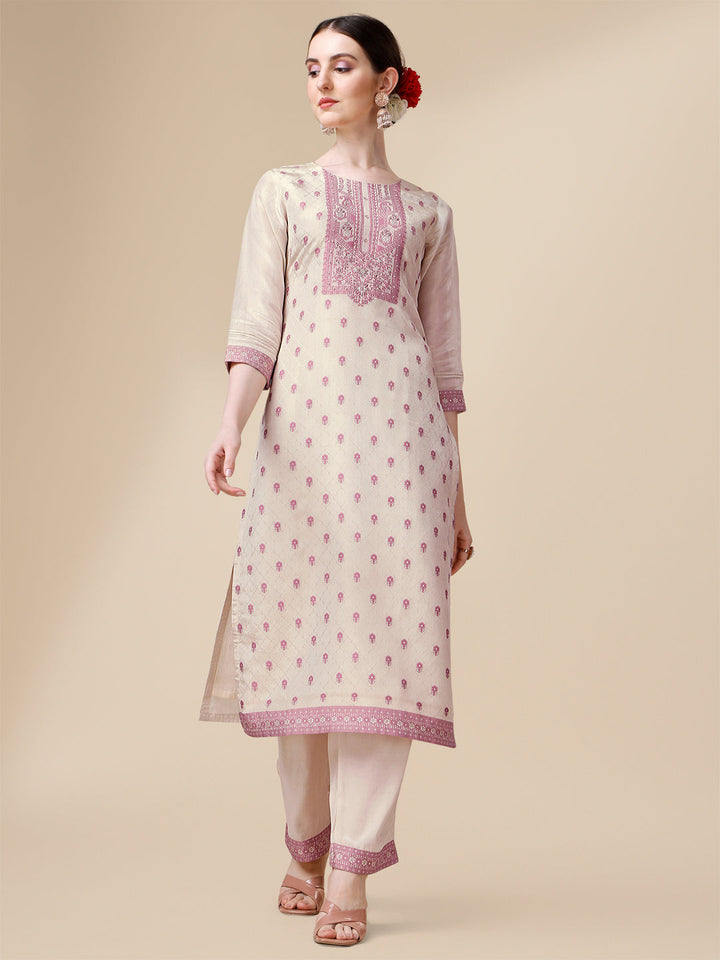 Cream Tissue Silk Kurta . Paired with Santoon Trouser and Chinon Dupatta