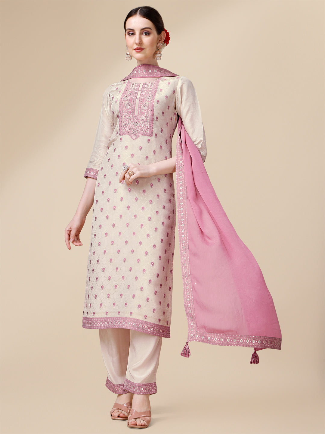 Cream Tissue Silk Kurta . Paired with Santoon Trouser and Chinon Dupatta