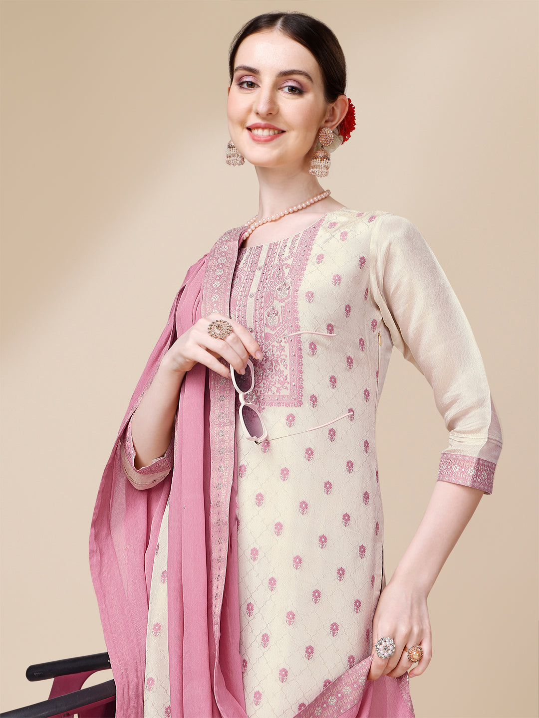 Cream Tissue Silk Kurta . Paired with Santoon Trouser and Chinon Dupatta