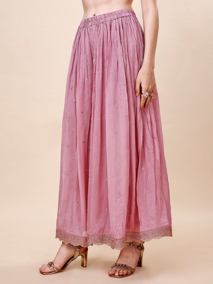 Sweet Lilac Chinon Kurta . Paired with Chinon Sharara Bottom and Chinon Dupatta