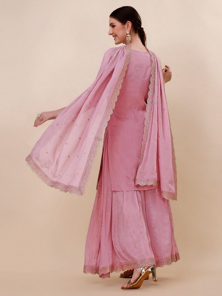 Sweet Lilac Chinon Kurta . Paired with Chinon Sharara Bottom and Chinon Dupatta