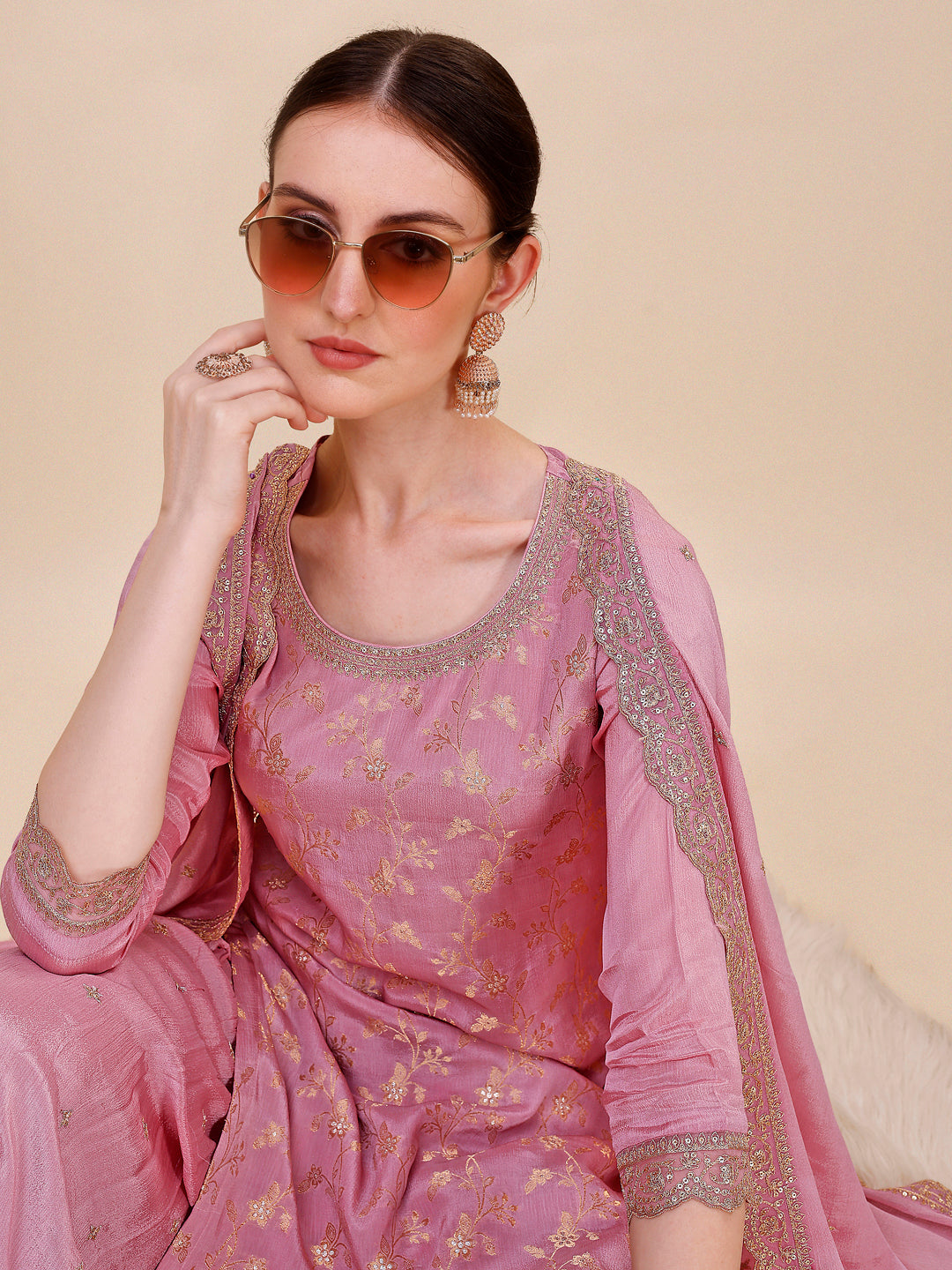 Sweet Lilac Chinon Kurta . Paired with Chinon Sharara Bottom and Chinon Dupatta