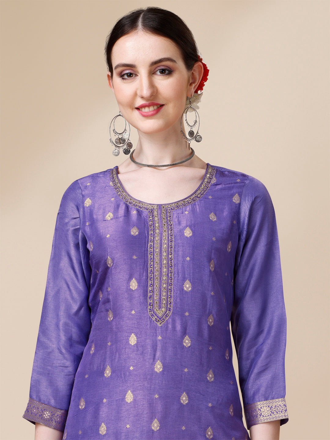 Voilet Viscose Dola Silk Jacquard Kurta. Paired with Santoon Trouser and Organza Dupatta