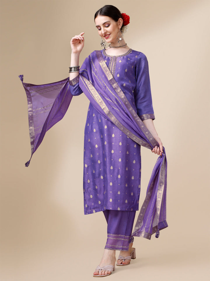 Voilet Viscose Dola Silk Jacquard Kurta. Paired with Santoon Trouser and Organza Dupatta