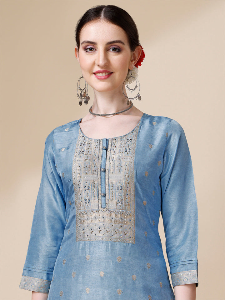 Celadon Blue Viscose Dola Silk Jacquard Kurta . Paired with Santoon Trouser and Viscose Dola Jacquard Dupatta