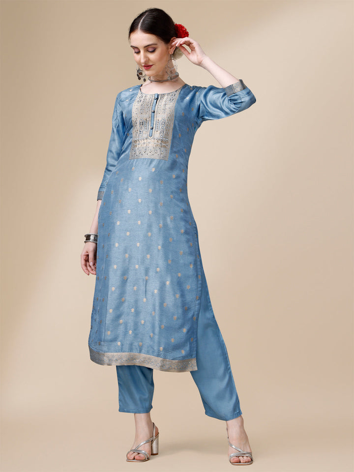 Celadon Blue Viscose Dola Silk Jacquard Kurta . Paired with Santoon Trouser and Viscose Dola Jacquard Dupatta