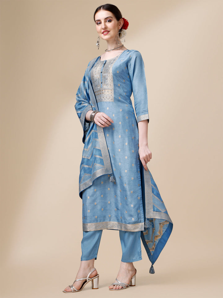 Celadon Blue Viscose Dola Silk Jacquard Kurta . Paired with Santoon Trouser and Viscose Dola Jacquard Dupatta