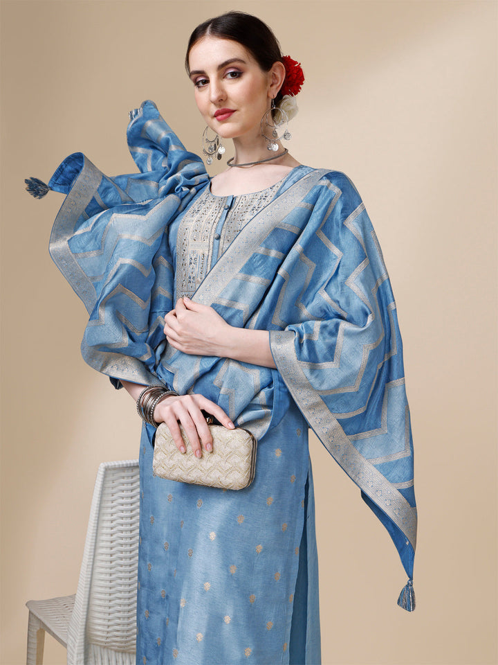 Celadon Blue Viscose Dola Silk Jacquard Kurta . Paired with Santoon Trouser and Viscose Dola Jacquard Dupatta