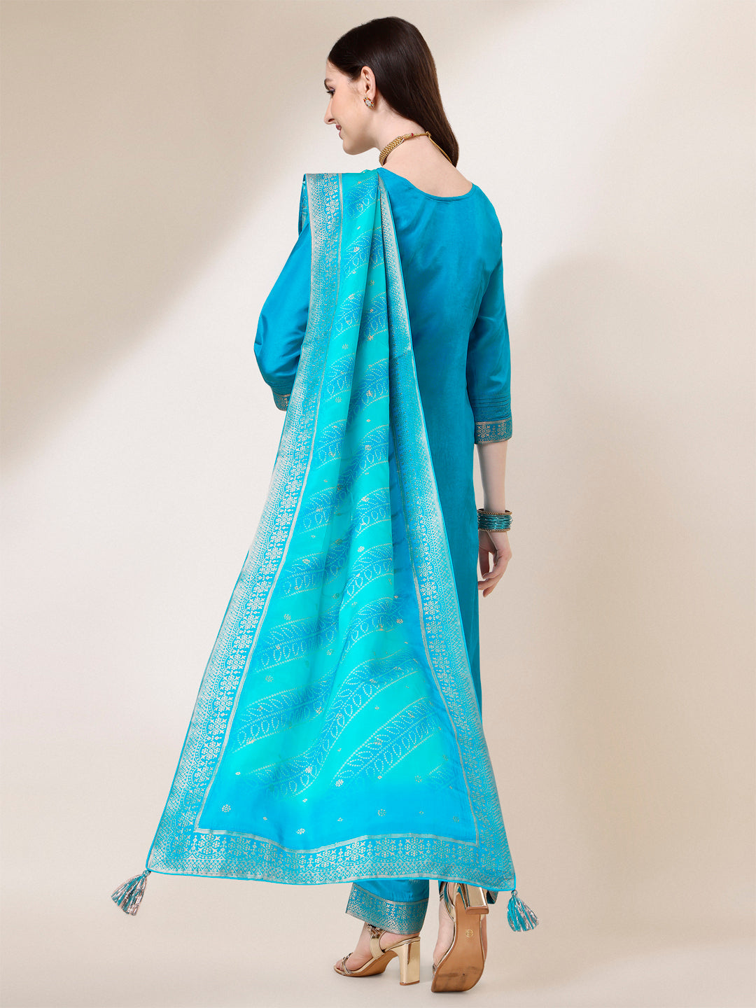 Cerulean Blue Dola Silk Jacquard Kurta. Paired with Santoon Trouser and Dola Silk Printed Dupatta