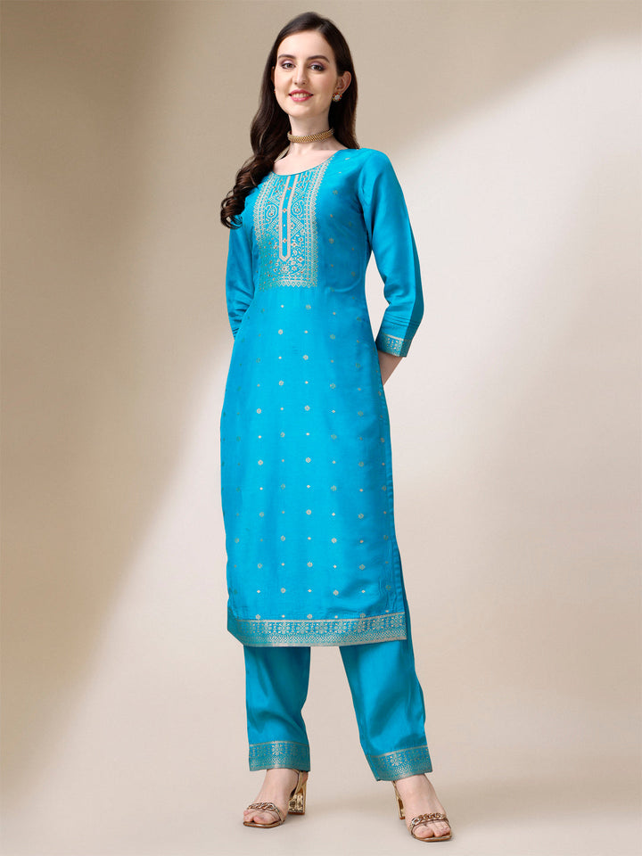 Cerulean Blue Dola Silk Jacquard Kurta. Paired with Santoon Trouser and Dola Silk Printed Dupatta