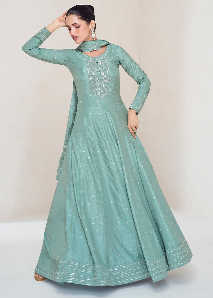 Columbia Blue Designer Embroidered Silk Anarkali Suit