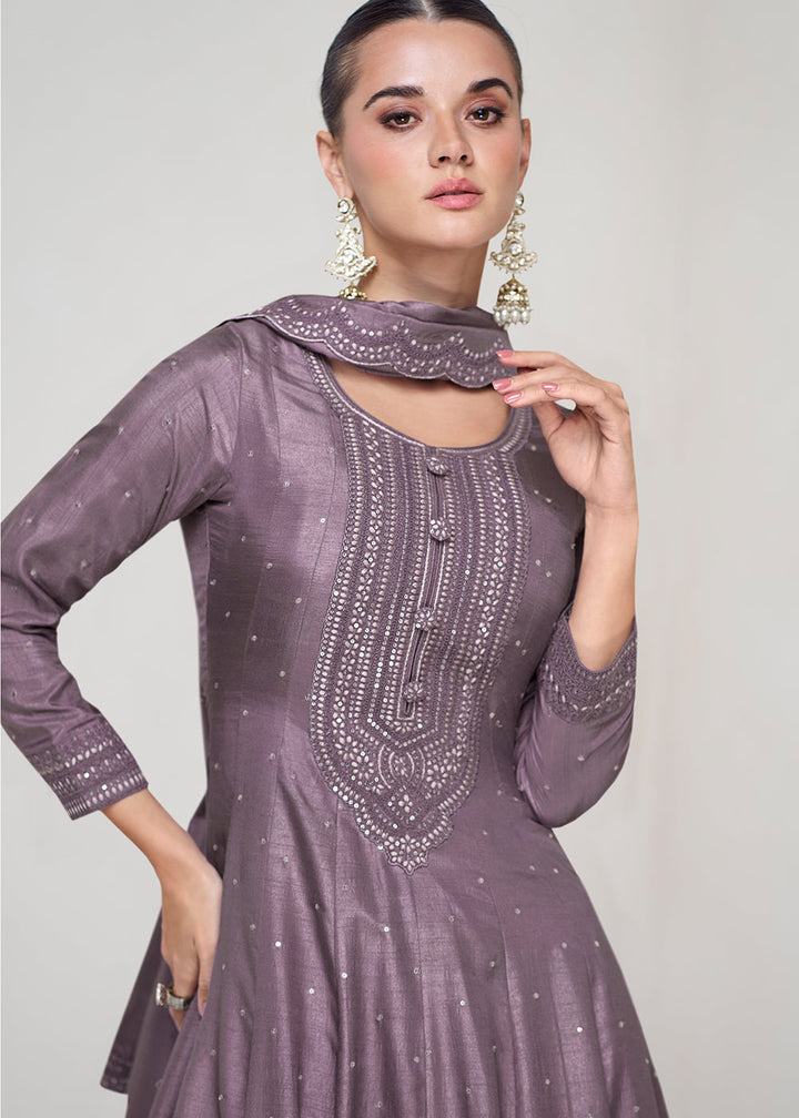 French Lilac Purple Designer Embroidered Silk Anarkali Suit