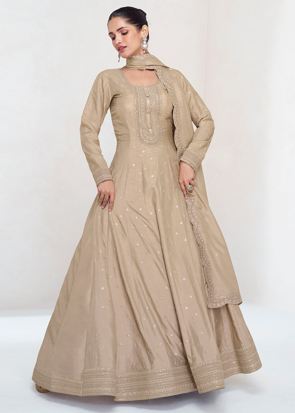 Brownish Grey Designer Embroidered Silk Anarkali Suit