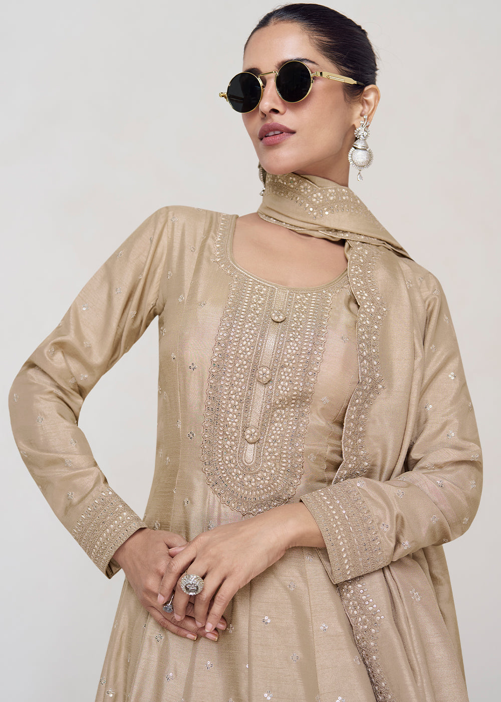 Brownish Grey Designer Embroidered Silk Anarkali Suit