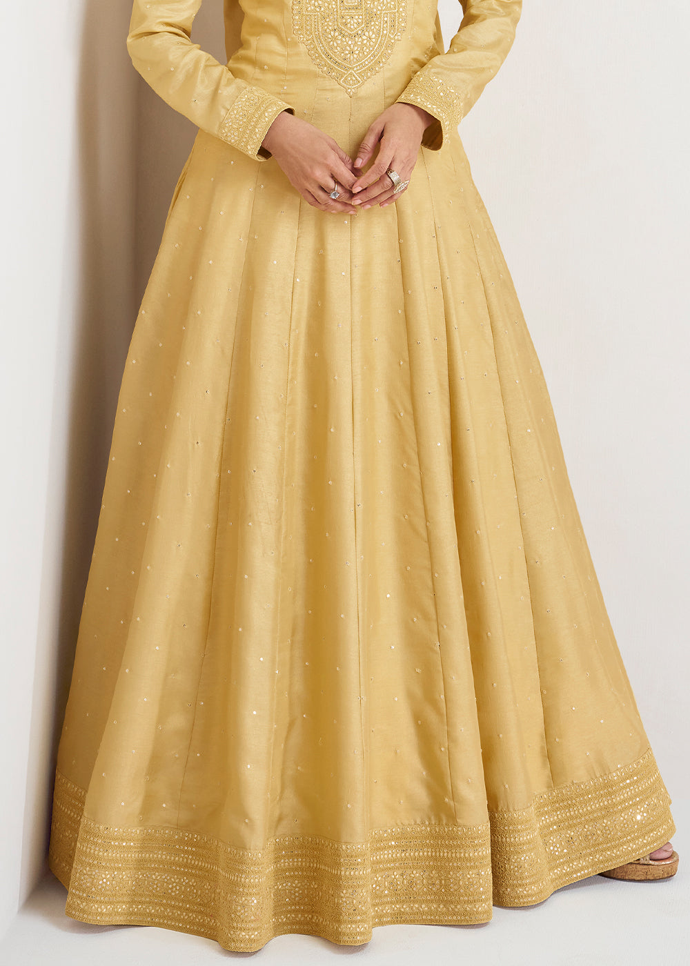 Flax Yellow Designer Embroidered Silk Anarkali Suit