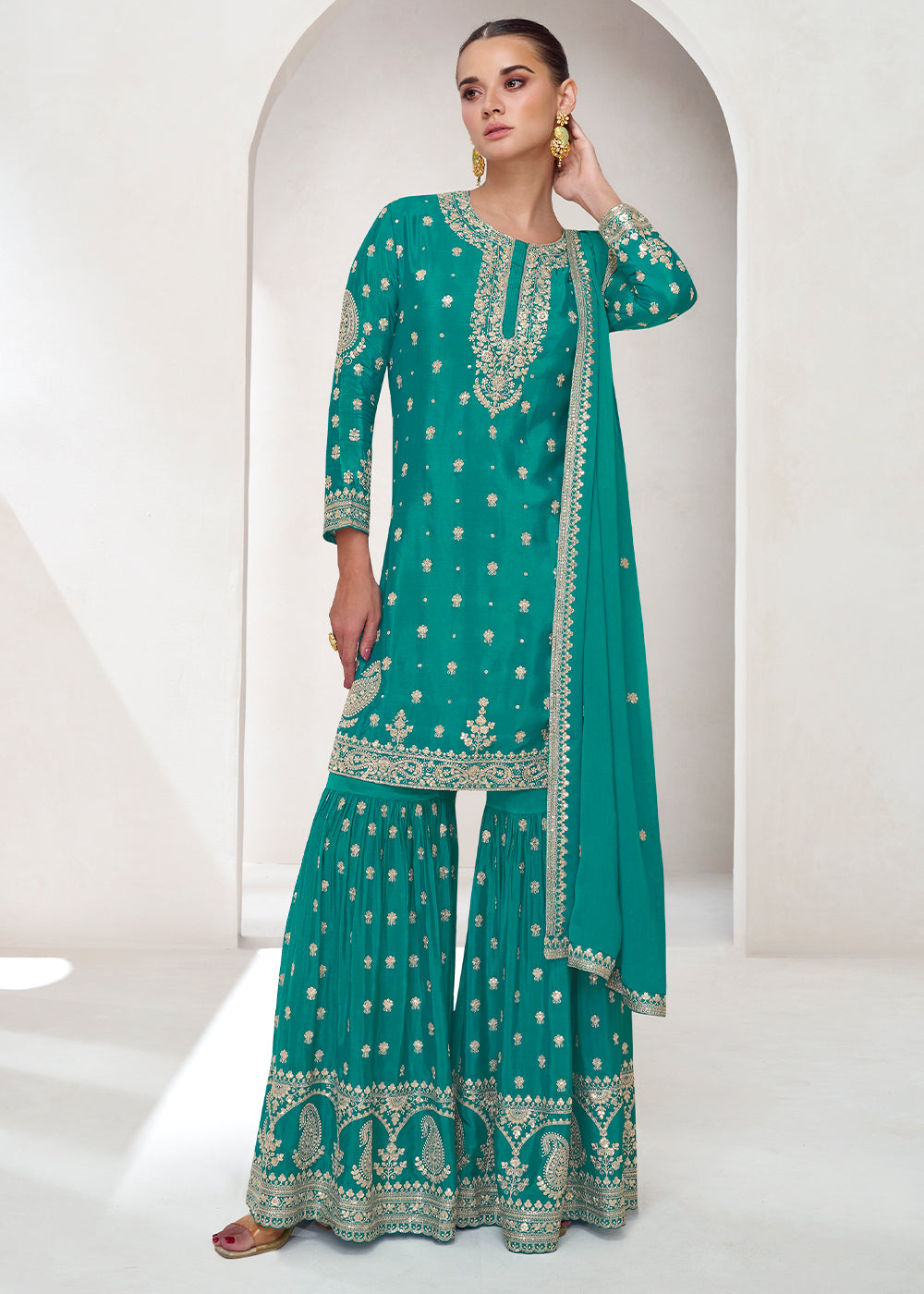 Dark Turquoise Blue Chinon Silk Embroidered Plazzo Suit