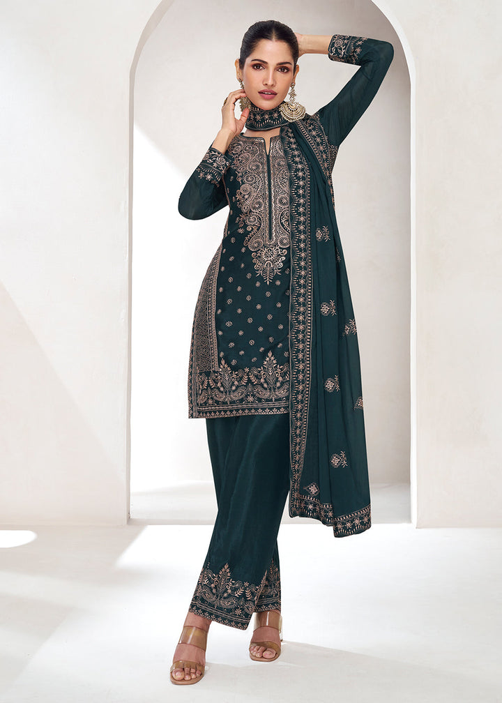 Dark Greyish Green Chinon Silk Embroidered Plazzo Suit